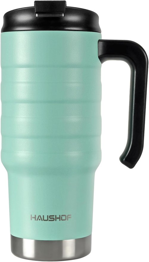 HAUSHOF 24 oz Travel Mug - Stainless Steel Double Wall Insulated Tumbler with Handle & Spill-Proof Lid
