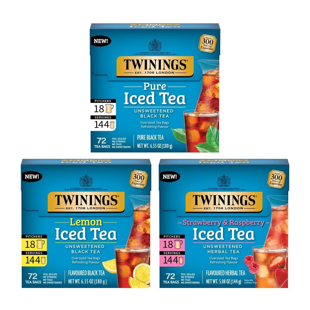 Twinings Iced Tea Variety Pack - 3 Flavors (Black, Lemon Black, Strawberry & Raspberry) | 72 Count, Unsweetened, Caffeinated