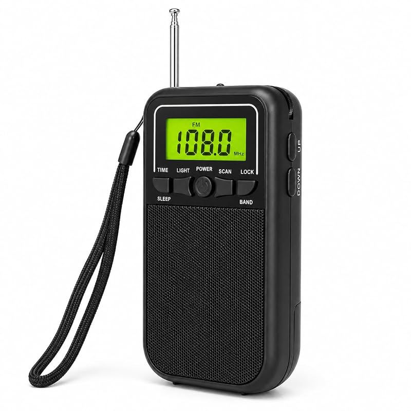Portable AM FM Radio with Alarm, Sleep Timer & Flashlight