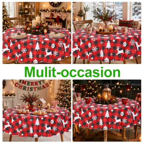 Christmas Table Cloth - Red & Black Round Flannel Backed Vinyl 60 Inch