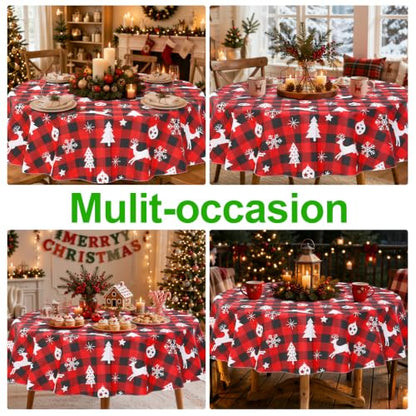 Christmas Table Cloth - Red & Black Round Flannel Backed Vinyl 60 Inch