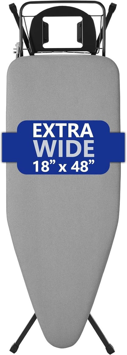BKTD Extra-Wide Ironing Board - 48" x 18" Large Surface with Built-in Clothes Rack & Adjustable Height - Black Grey