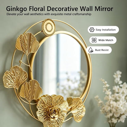 Gold 18" Round Wall Mirror with 3D Ginkgo Leaf Floral Frame