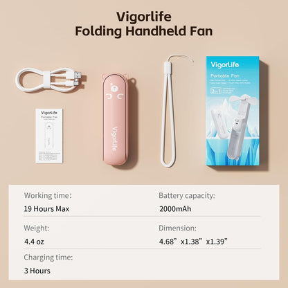 Skiennix Mini Handheld Fan - USB Rechargeable 3-in-1 Personal Cooler with Power Bank & LED Flashlight | Portable Pink Travel Essential