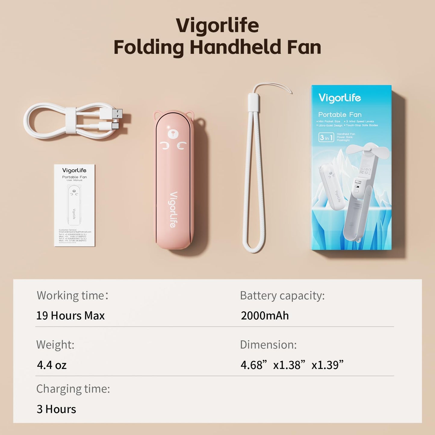 VigorLife Mini Handheld Fan,USB Rechargeable 3 IN 1 Personal Cooler Fans with Power Bank,LED Flashlight,Small Foldable Pocket Portable Cooling Fan-Travel & Emergency Essentials for Outdoor,Pink