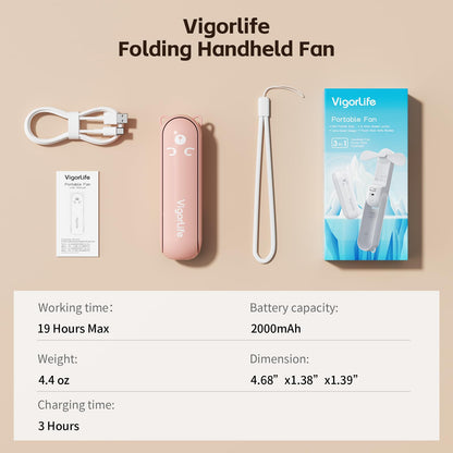 VigorLife Mini Handheld Fan,USB Rechargeable 3 IN 1 Personal Cooler Fans with Power Bank,LED Flashlight,Small Foldable Pocket Portable Cooling Fan-Travel & Emergency Essentials for Outdoor,Pink