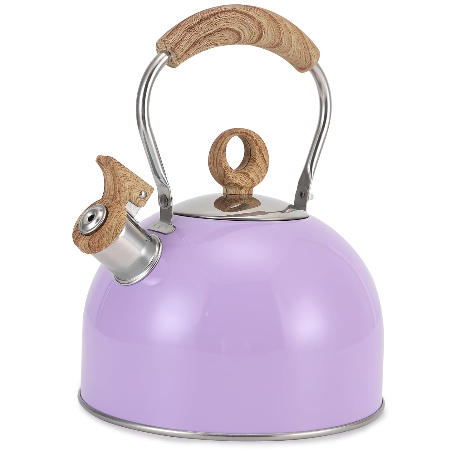 Tea Kettle, Vegoran 85 OZ / 2.5 Liter Whistling Tea Kettle, Tea Pots for Stove Top Food Grade Stainless Steel with Wood Pattern Folding Handle, Loud Whistle Kettle for Tea, Coffee, Milk (Purple)