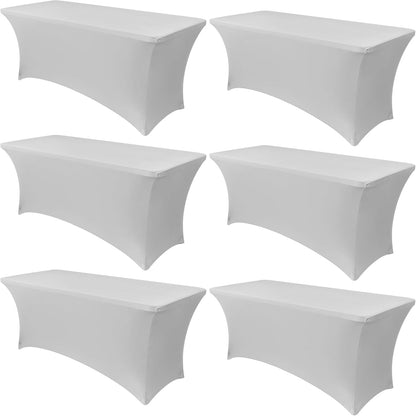 Obstal 6 Pack Stretch Spandex Table Covers - 6 FT Rectangular Fitted Tablecloths for Weddings & Parties | Silver
