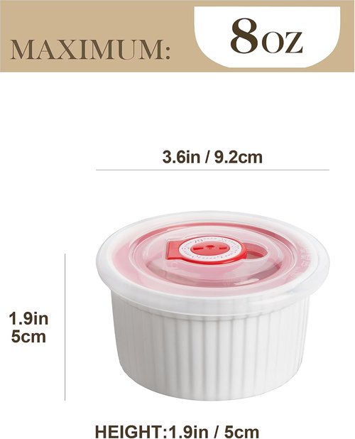 MALACASA Ramekins - 8 oz White Porcelain Set of 6 with Lids | Oven & Dishwasher Safe Custard Cups