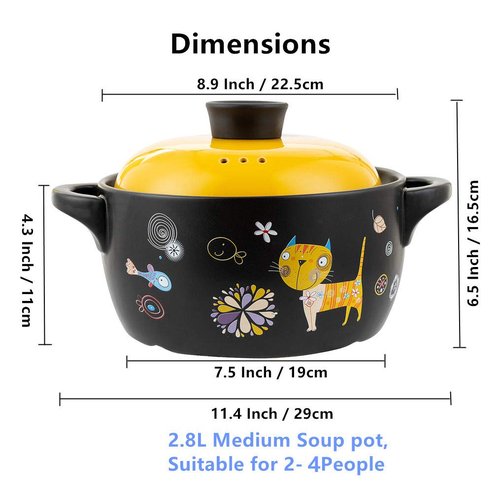 AHUONEL Ceramic Stockpot Clay Cooking Pot Cookware Stovetop, Cartoon Pattern Stew Pot Hot Pot Clay Pots Soup Pot Casserole Cooking Pot 2.6 Quart Yellow Cat