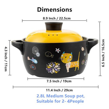 AHUONEL Ceramic Stockpot Clay Cooking Pot Cookware Stovetop, Cartoon Pattern Stew Pot Hot Pot Clay Pots Soup Pot Casserole Cooking Pot 2.6 Quart Yellow Cat