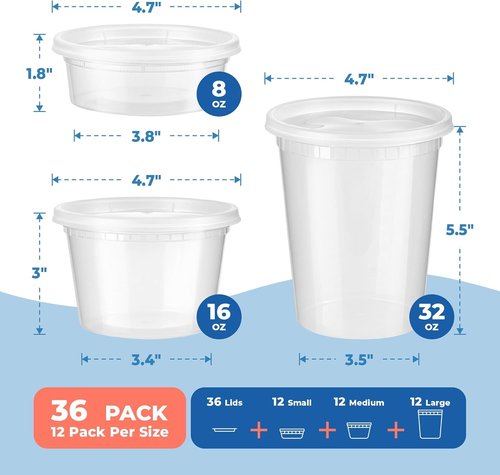 Fit Meal Prep 36-Pack Deli Containers - Leakproof Clear Plastic Food Storage | Microwave & Freezer Safe