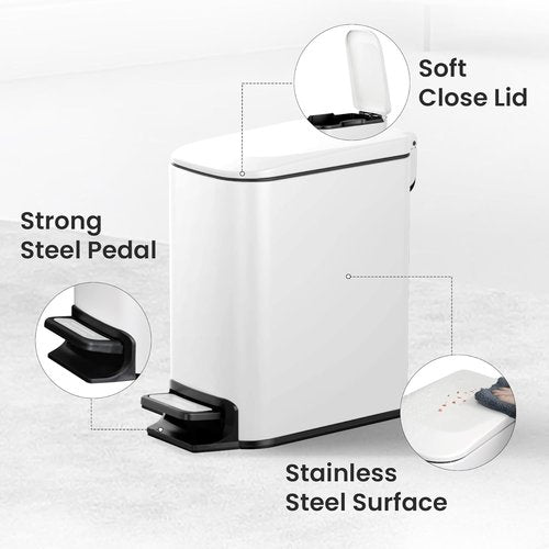 Cesun Stainless Steel Small Bathroom Trash Can - Soft Close Lid & Step Pedal, 6L | White Diaper Waste Basket
