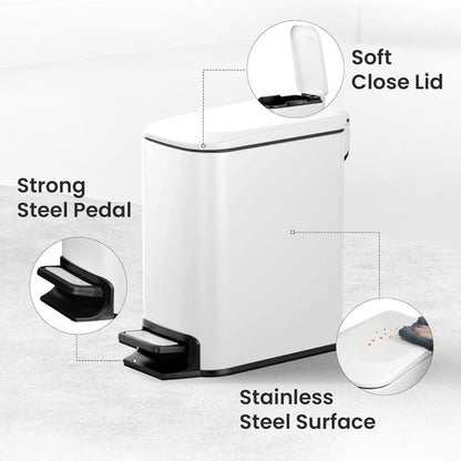 Cesun Stainless Steel Small Bathroom Trash Can - Soft Close Lid & Step Pedal, 6L | White Diaper Waste Basket