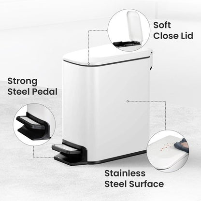 Cesun Small Bathroom Trash Can with Lid Soft Close, Step Pedal, 6 Liter / 1.6 Gallon Stainless Steel Slim Garbage Can for Bedroom, Diaper Waste Basket with Removable Inner Bucket (White)