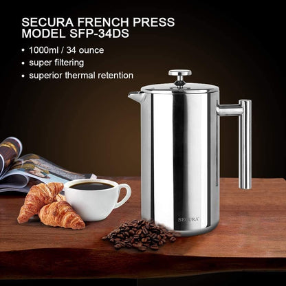 Secura French Press Coffee Maker - 304 Grade Stainless Steel Insulated Design | 34oz (1 Litre), Silver