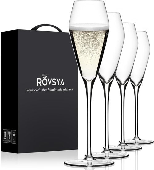 Champagne Flutes Glasses Set of 4, Hand Blown Crystal Wedding Flutes Glass, Ideal for Weddings, Anniversaries, Christmas, Special Days, 10.5 inch, 7.5 oz, Clear