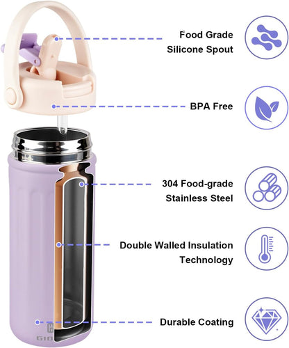 Skiennix Insulated Water Bottle - 16oz Stainless Steel with Straw & Handle | BPA Free, Pink