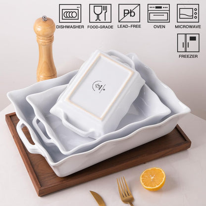 Sweejar Casserole Dishes - Ceramic Bakeware Set of 3 | Rectangular Baking Dish with Handles, White