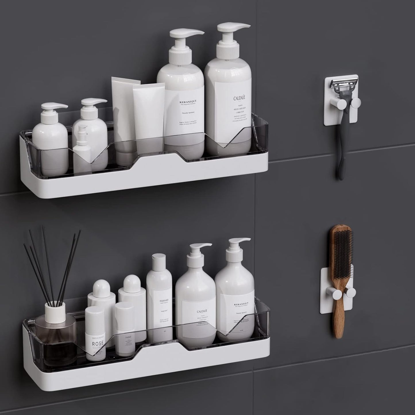 Skiennix 2-Pack Adhesive Shower Caddy - No-Drill Shower Shelves with Hooks for Bathroom & Kitchen Storage