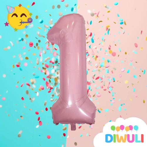 DIWULI 40 Inch Pastel Pink Number 1 Balloon - Large Foil Balloon for 1st Birthday Party Decorations