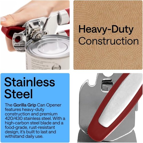 GORILLA GRIP Heavy Duty Can Opener - Smooth Edge, Comfortable Handle, Oversized Knob | Red