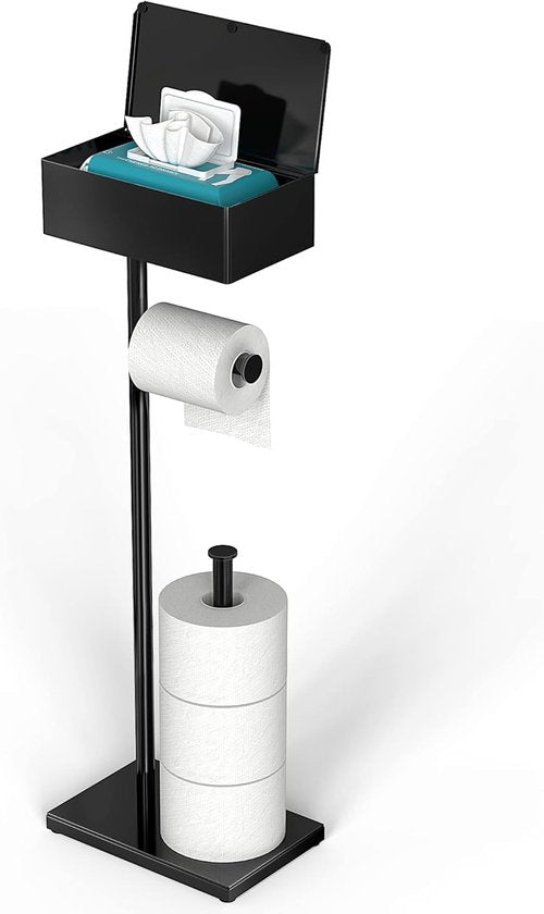 CISILY Black Toilet Paper Holder Stand - Free Standing Design with Storage Shelf | Bathroom Essential