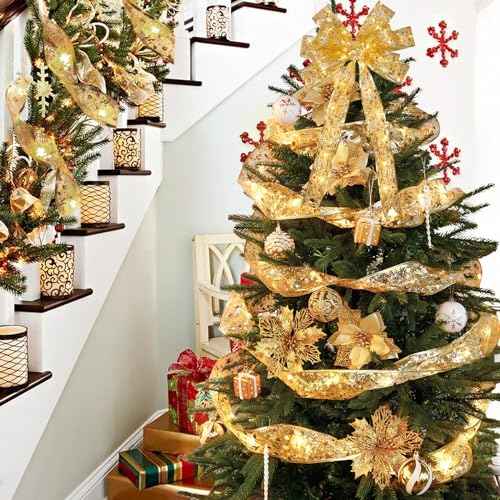 CandyHome 2 Pcs Christmas Tree Decorations, Total 40ft 120 Led Christmas Tree Ribbon Lights Battery Operated Ribbon Bows Copper Wire String Lights for Xmas Party Holiday New Year Home Decor, Gold