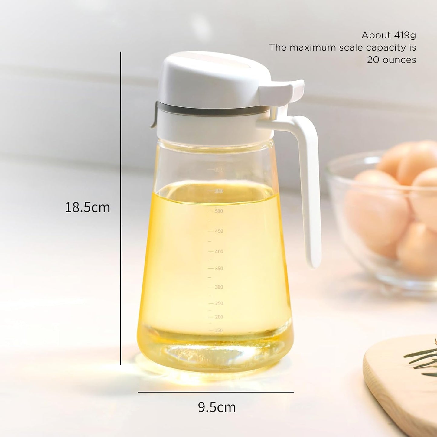 Skiennix Auto Flip Glass Olive Oil Dispenser - 22oz Clear Cruet with Measurement Scale