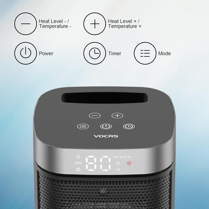 VOCRS 1500W Portable Space Heater - Electric PTC Heater with Thermostat, Remote, 12H Timer | Safe Heating for Bedroom & Office