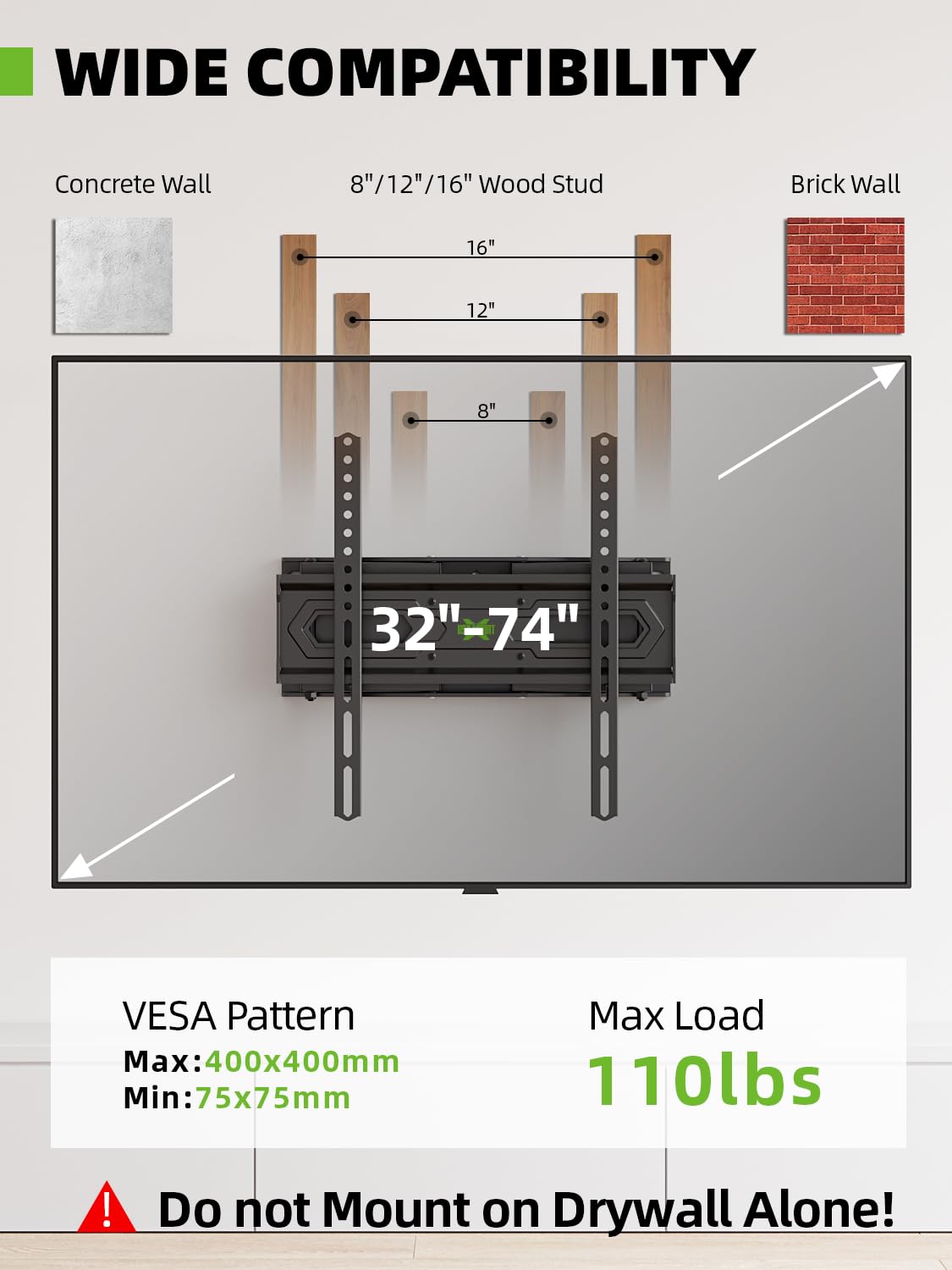 USX MOUNT TV Wall Mount for 32-74 inch Flat Screen/LED/4K up to 110lbs, Full Motion TV Mount Bracket with Swivel & Tilt Articulating Dual Arms, Max VESA 400x400mm, Fits 12/16" Wood Studs