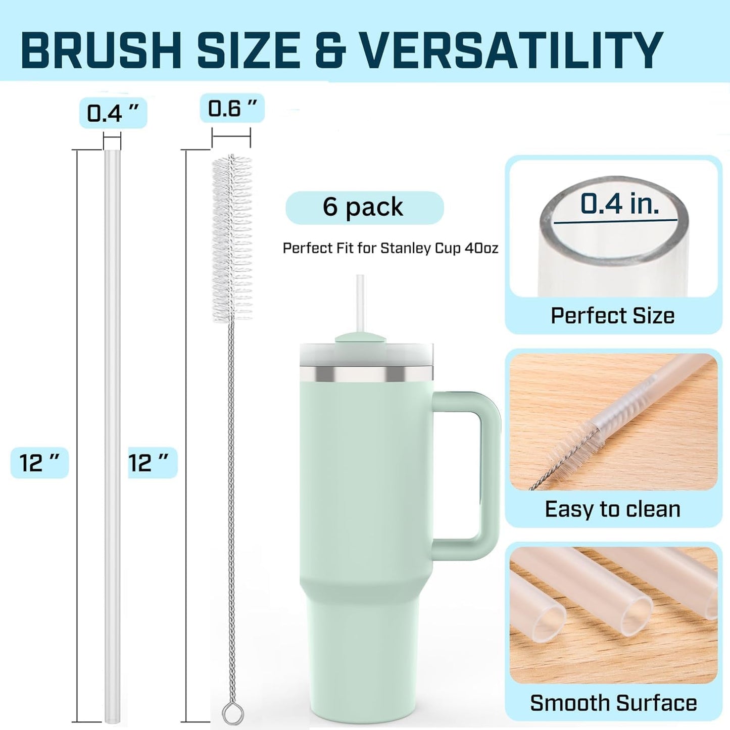 Stanley 6 Pack Straws for 40 oz Tumblers - Reusable BPA-Free Plastic with 2 Cleaning Brushes
