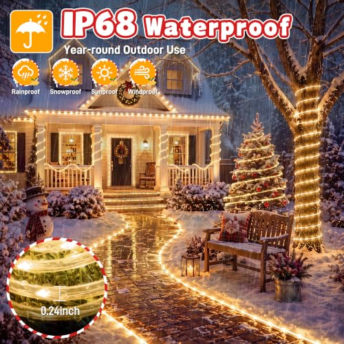 Outdoor Christmas Rope Lights 50FT 300 LED Warm White with Remote & Modes