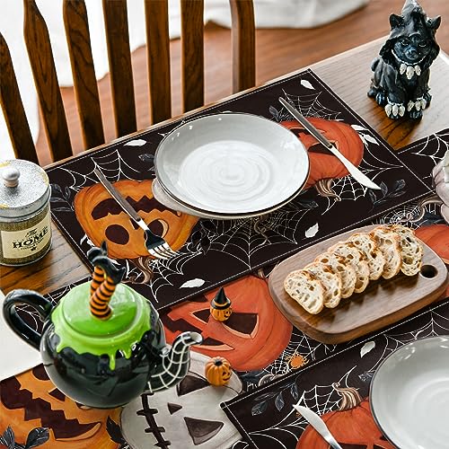 Halloween Black Pumpkins Spider Web Placemats Set of 6 12x18 Inch - Fall Holiday Decor