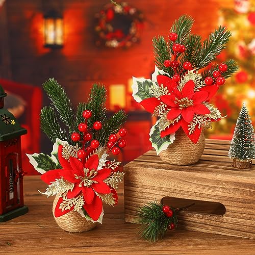 2 Pcs Artificial Christmas Poinsettia Flowers with Holly Berries - Holiday Decor