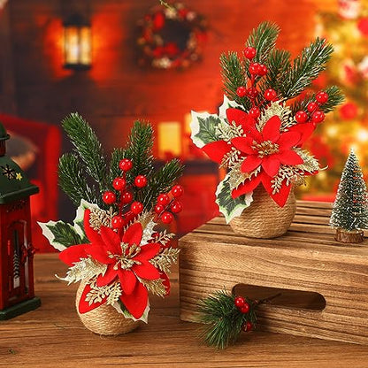 2 Pcs Artificial Christmas Poinsettia Flowers with Holly Berries - Holiday Decor