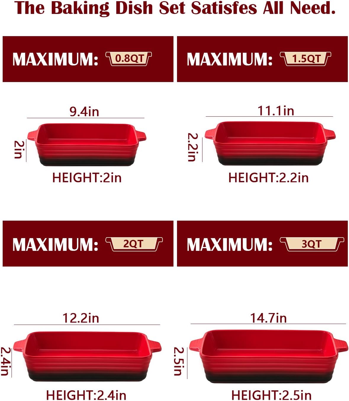 Skiennix Casserole Dishes - Heat-Resistant Ceramic Bakeware Set of 4 | Ideal for Lasagna, Cake & More (Red, 9.4"-14.7")