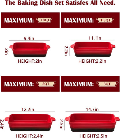 Skiennix Casserole Dishes - Heat-Resistant Ceramic Bakeware Set of 4 | Ideal for Lasagna, Cake & More (Red, 9.4"-14.7")