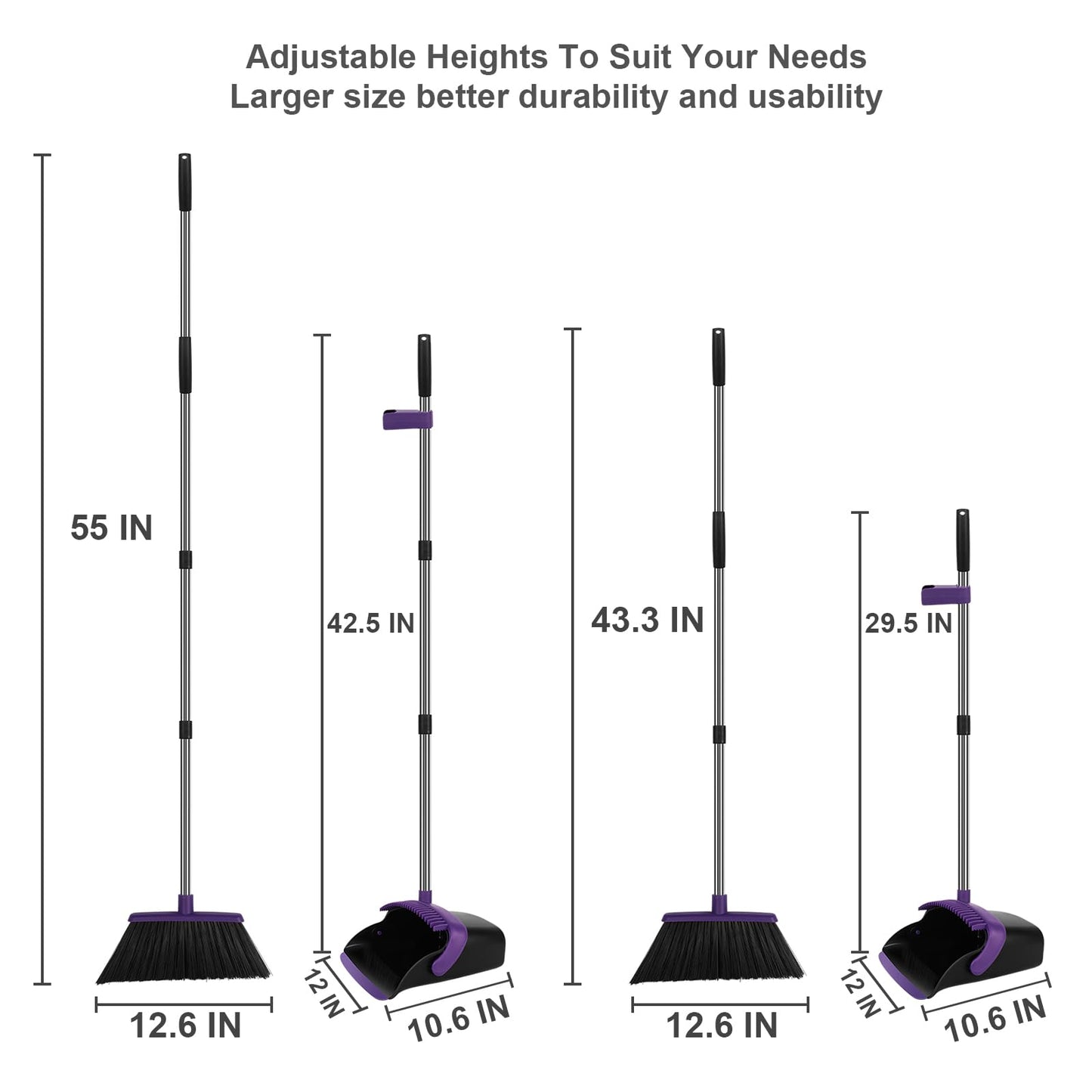 UDUK Broom and Dustpan Set, Large Household Dustpans and Broom with 55 Inch Long Handle, Pueple Broom with Dustpan Combo Set for Home