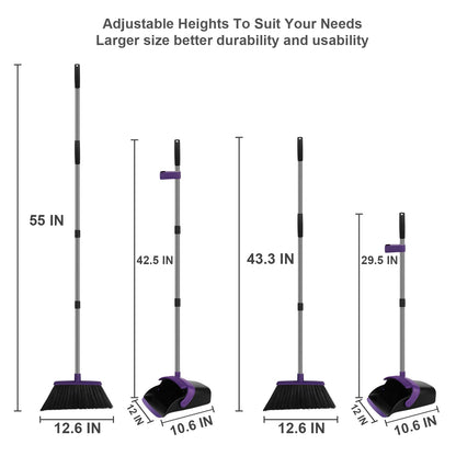 UDUK Broom and Dustpan Set, Large Household Dustpans and Broom with 55 Inch Long Handle, Pueple Broom with Dustpan Combo Set for Home