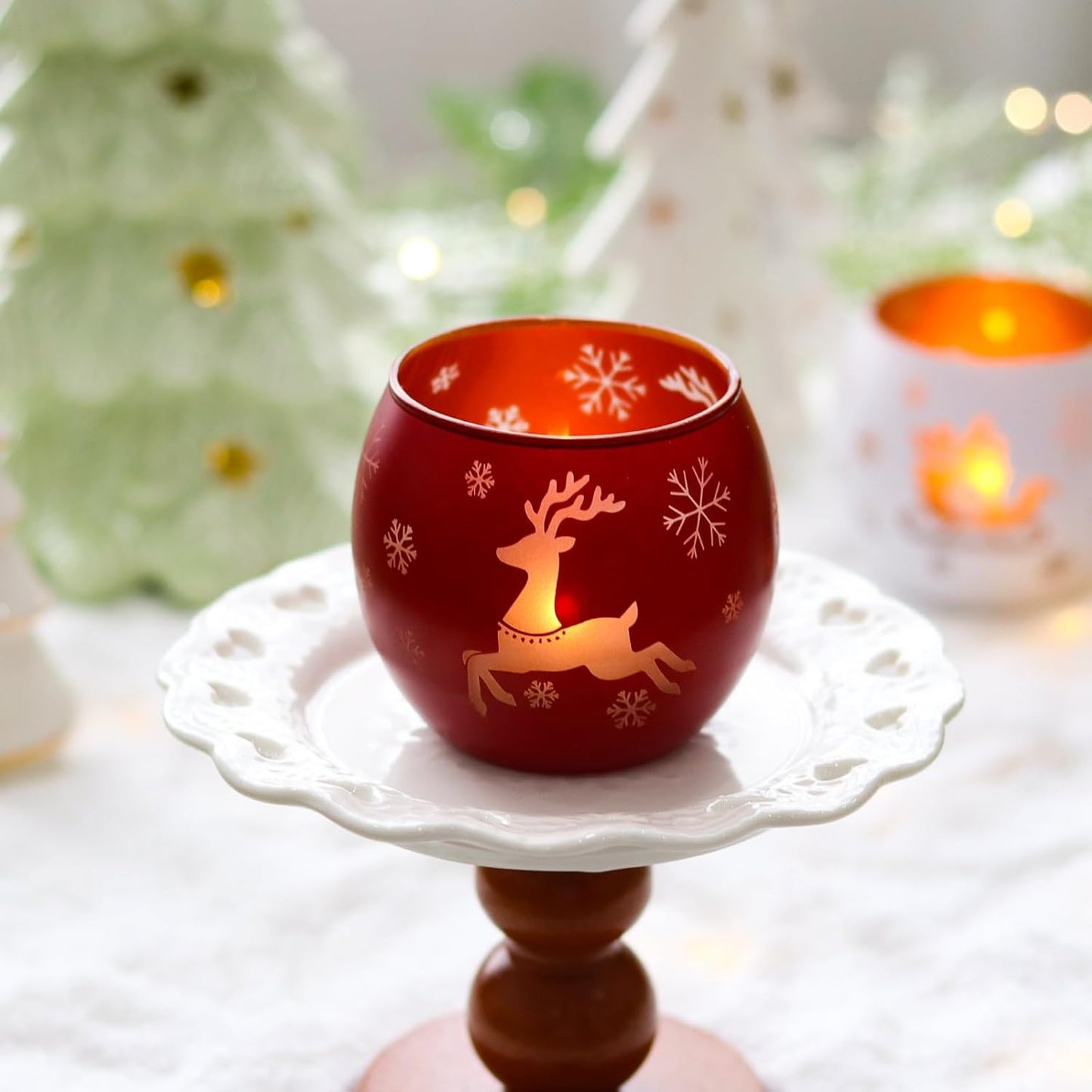Skiennix Christmas Candle Holders - Set of 4 Frosted Glass Tealight Votives with Holiday Designs | Red, Green, White