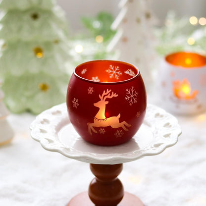 Skiennix Christmas Candle Holders - Set of 4 Frosted Glass Tealight Votives with Holiday Designs | Red, Green, White