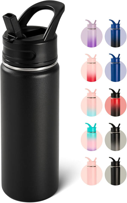 Skiennix 18oz Insulated Stainless Steel Water Bottle - Double Wall Vacuum, Leak-Proof, BPA Free, Black