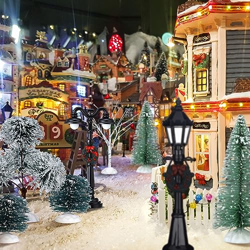 Christmas Village Scene Set with Miniature Trees & Street Lamps - 14 Pcs