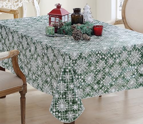 Christmas Green Snowflake Vinyl Tablecloth 60x102 Inch Rectangular Snowfall Variation