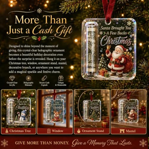 Snowman Christmas Cash Gift Ornament - Holographic Clear Holiday Keepsake