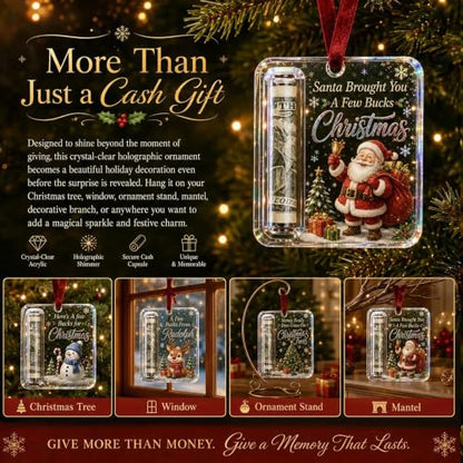 Snowman Christmas Cash Gift Ornament - Holographic Clear Holiday Keepsake