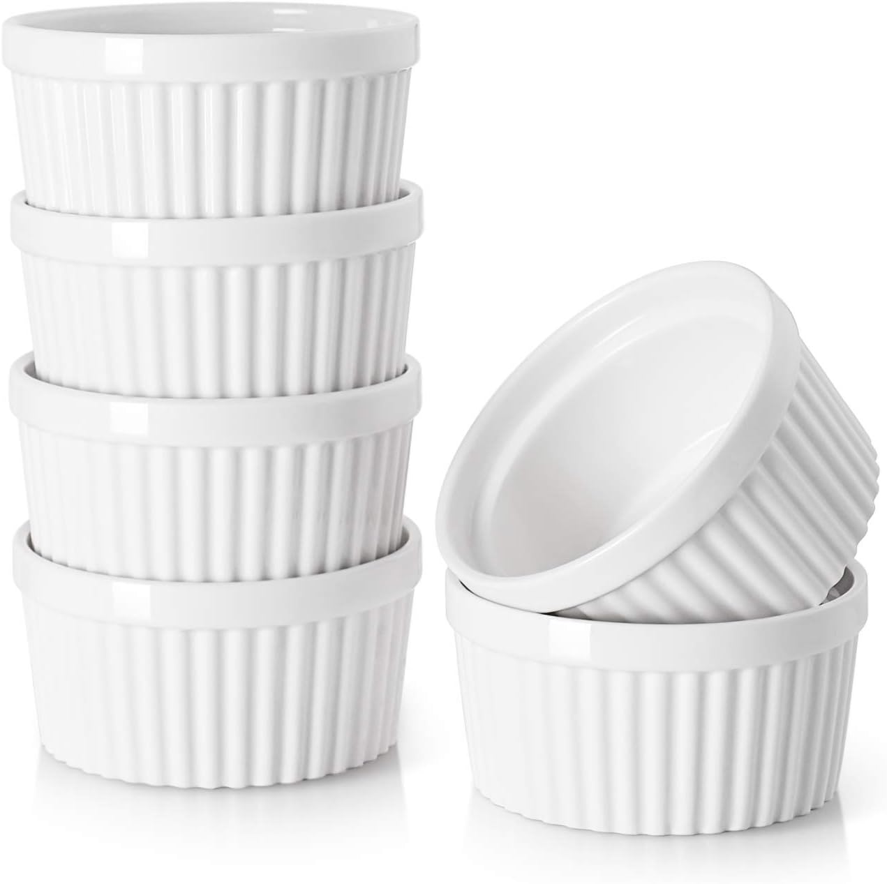DOWAN Ramekins - 4 oz Oven Safe Porcelain Custard Cups for Baking | Set of 6 Soft White Bowls