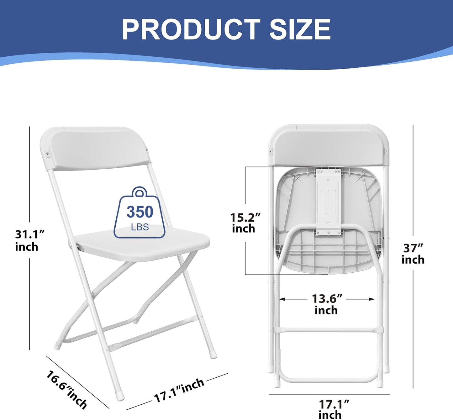 Regine Switzerland 10-Pack White Folding Chairs - Lightweight, Portable Design | 350lb Capacity for Events & Parties