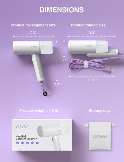 CLEVAST Steamer for Clothes - Portable Garment Steamer for Clothing, Handheld and Foldable Travel Size Wrinkle Remover, 30-Second Fast Heat Up, Powerful Steam Output, 120V Only